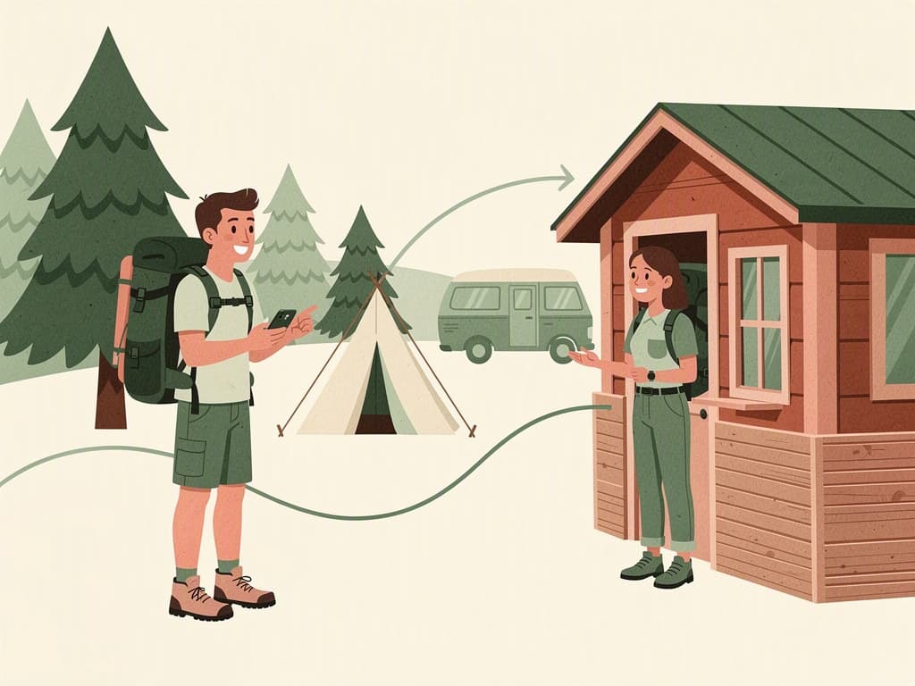 Un vacancier contacte l’accueil d’un camping, près des arbres et des emplacements.